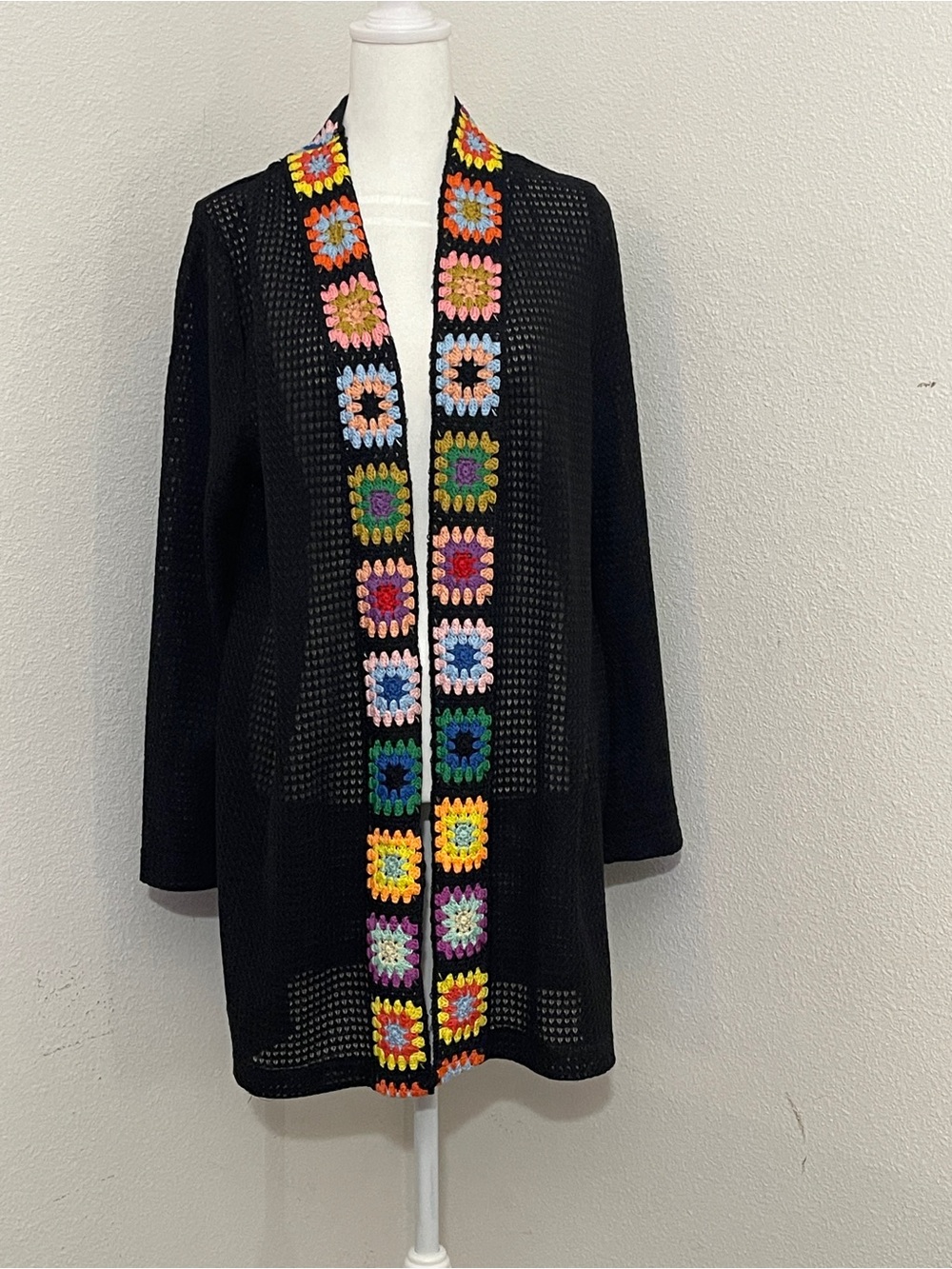 Rebellion Crochet Granny Square Cardigan Sweater Large Black Open Knit Boho